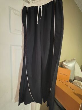 Black Wide-Leg Lounge Pants with White Piping